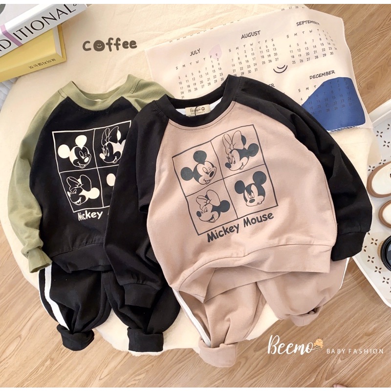Bộ cotton dài tay thu đông Mickey kiểu dáng thể thao cá tính cho bé trai hãng Beemo