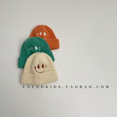Mũ Len Ấm Áp Thêu Hình Mặt Cười Màu Sắc Ngọt Ngào Cho Bé