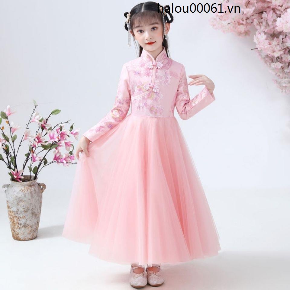 Đầm Sườn Xám Tay Dài Thêu Họa Tiết Phong Cách Trung Hoa Thời Trang Thu Đông Xinh Xắn Cho Bé Gái 12 Tuổi