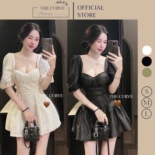 Đầm Nữ Dự Tiệc Dáng Xòe Cổ Vuông Tay Phồng Ngắn Bo Eo, Váy Thiết Kế Sang Chảnh, Vải Gấm Xịn, Màu Trắng Đen Xanh (TGA21)