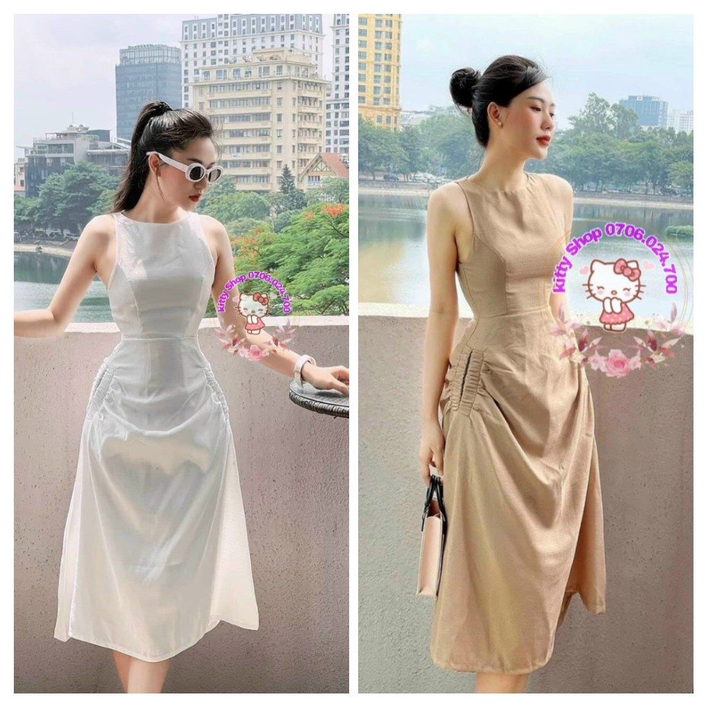 Đầm maxi sát nách cổ tròn Cut Out Dáng Xòe Dài Ôm Body Thiết Kế Túi Sườn Be 2 Bên rút eo Dự Tiệc 🎀