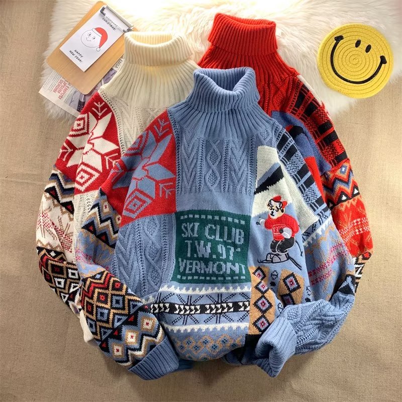 ✦ AFFLIGA ✦Áo Sweater Cổ Cao In Họa Tiết Hoạt Hình Giáng Sinh Thời Trang Mùa Đông 3 Màu Lựa Chọn Cho Nam