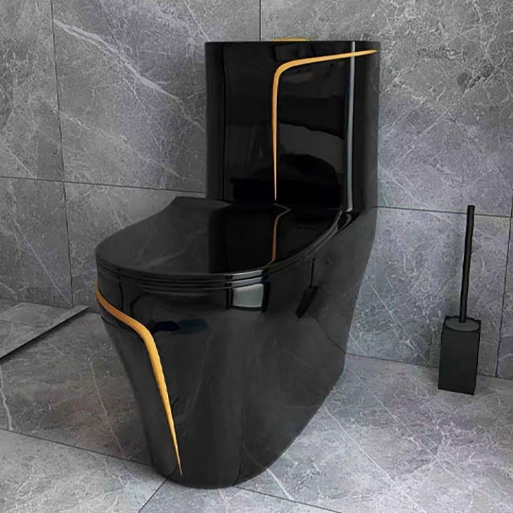 Bồn cầu liền khối màu đen viền vàng sang trọng cao cấp nắp êm phủ men nano siêu bền chống bám bẩn Life Home