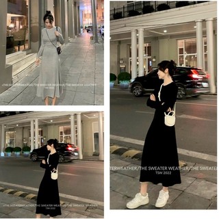 Váy nữ ôm body dài tay chiết eo chất bozip len tăm trơn basic cổ tròn dáng dài sang chảnh sexy quyến rũ màu đen xám