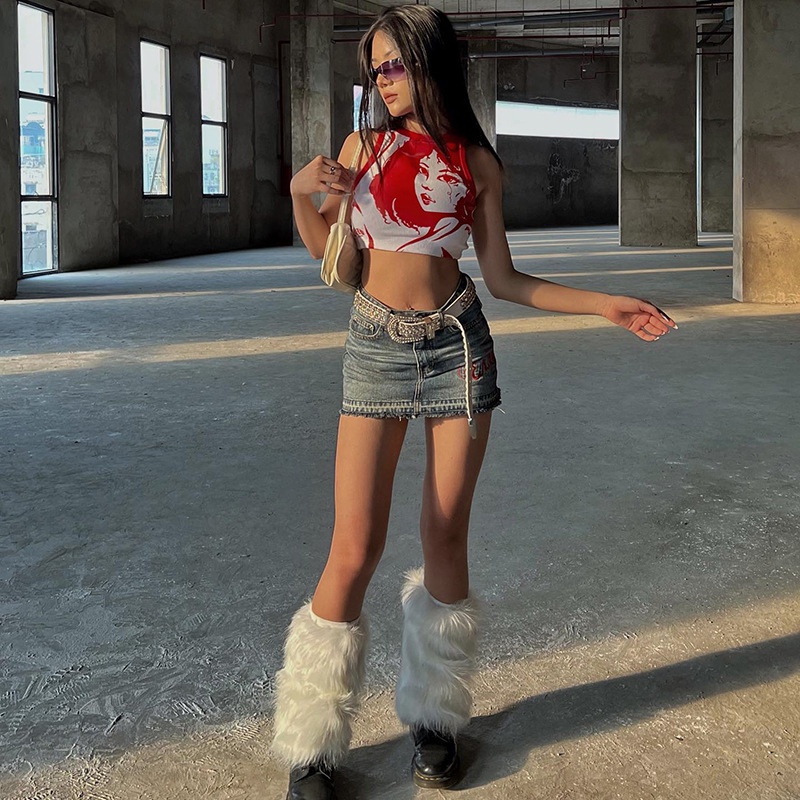 Áo Croptop Sát Nách Cổ Tròn In Họa Tiết Chân Dung Phong Cách Âu Mỹ Thời Trang Cho Nữ