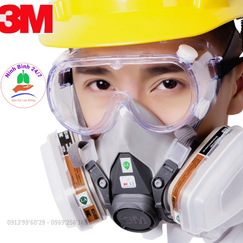 Trọn bộ mặt nạ phòng độc 3M 6200 kèm kính chống độc, bụi mịn Dùng phun sơn, phun trồng đầy đủ 8 chi tiết
