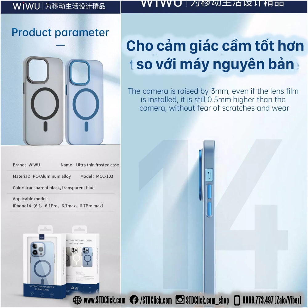 ỐP LƯNG IPHONE 14 PRO MAX - 14 PRO - 14 PLUS - 14 WIWU CHÍNH HÃNG SIÊU MỎNG NHÁM KÈM HỔ TRỢ SẠC KHÔNG DÂY NAM CHÂM