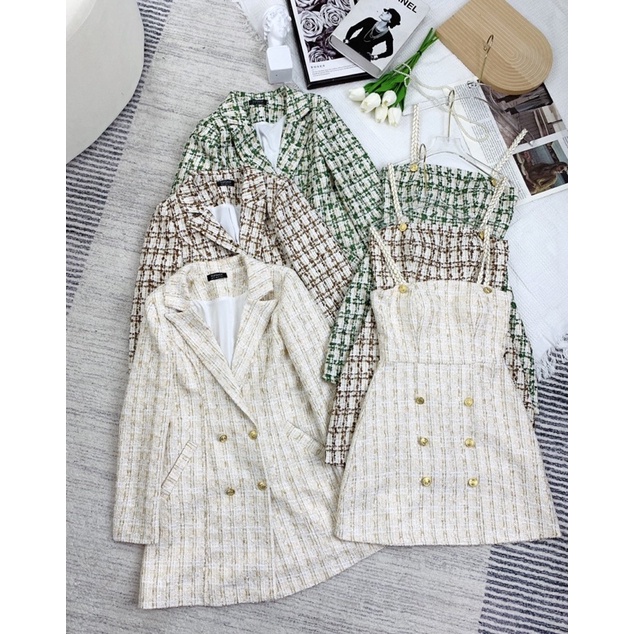 SÉT DẠ TWEED VÁY 2 DÂY KÈM ÁO VEST DÁNG DÀI