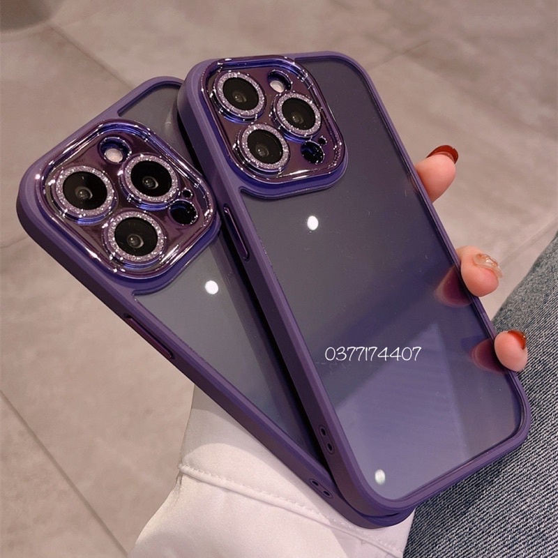 Ốp lưng iPhone 14 Pro Max,13 Pro, 13 Pro Max, 11 12  lưng trong kính viền màu bảo vệ camera mắt camera gẵn nhũ kim cương