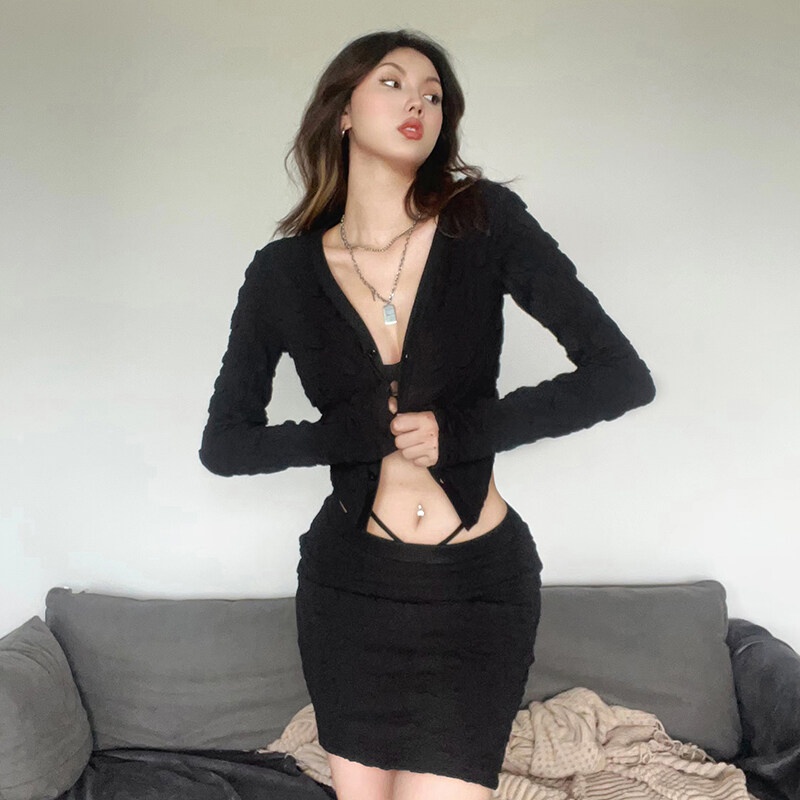Set Áo Thun Lửng Tay Dài Cổ Chữ V + Chân Váy Bút Chì Lưng Cao Thời Trang Nữ