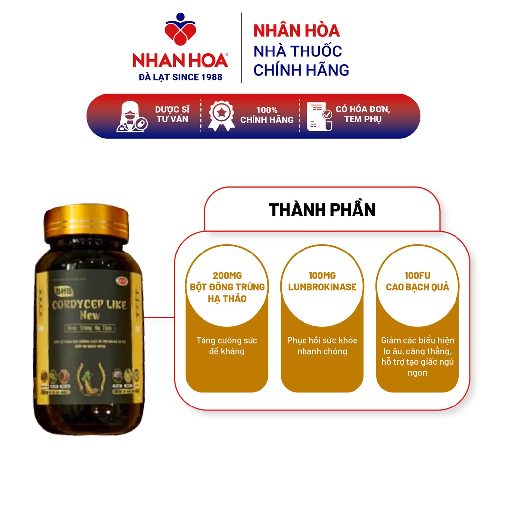Đông trùng hạ thảo giảm căng thẳng bảo vệ sức khoẻ BHB Cordycep Like New hộp 60 viên