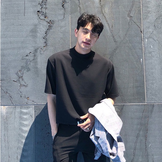 Áo thun nam trơn cổ cao mùa hè, phong cách trưởng thành nam tay lửng