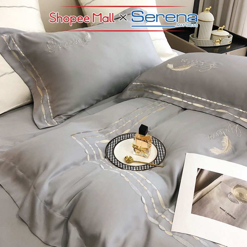 Bộ Chăn Ga Gối Nệm 5 Món Tencel 80s Cao Cấp SERENA MATTRESS Bộ Set Chăn Ga Gối Đệm Drap Trải Giường Đẹp Mát Sang Trọng