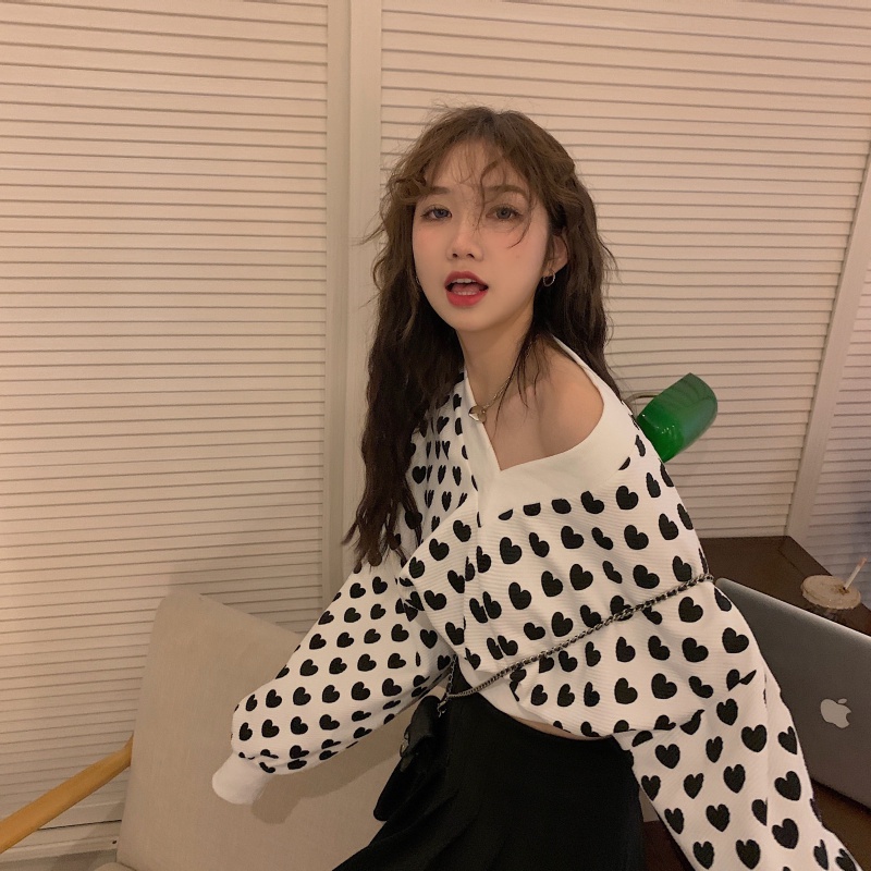 ZHELIHANGFEI Áo Thun Nữ Tay Dài Cổ Chữ V In Hình Trái Tim Thời Trang