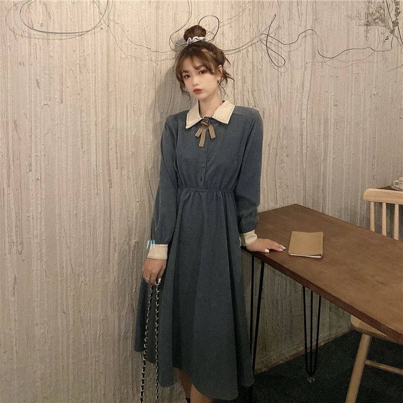 Váy babydoll Đầm Chữ A Tay Dài Ôm Eo Màu Sắc Tương Phản Phong Cách Pháp Cổ Điển Thời Trang Mùa Đông 2020 Cho Nữ