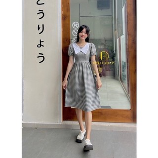 ĐẦM MIDI PHỐI CỔ ĐÍNH NÚT NHÚNG VÁY