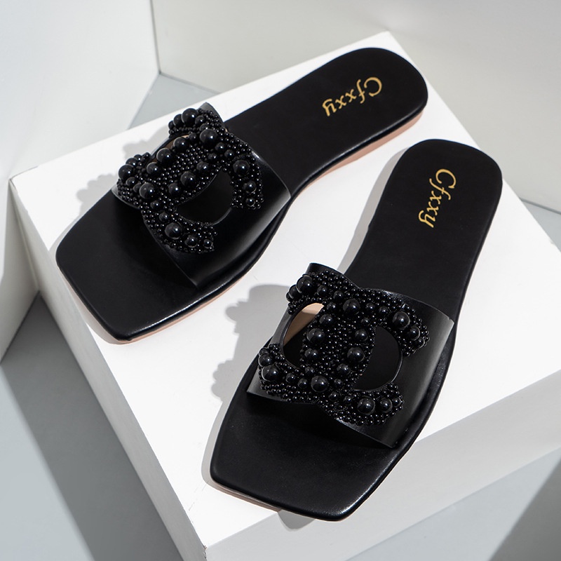 Dép Đính Ngọc Trai Màu Trơn Thời Trang Giản Dị Dành Cho Nữ