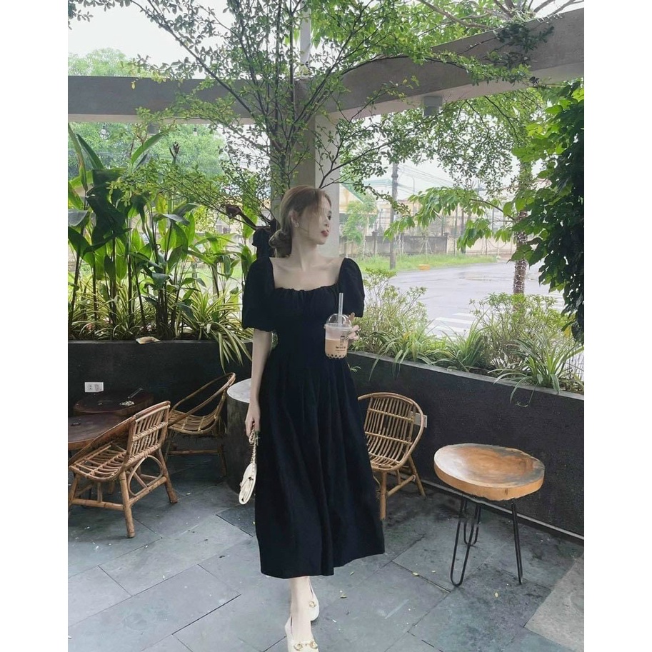 Đầm xòe midi cổ thuyền xếp li cổ thuyền tay phồng
