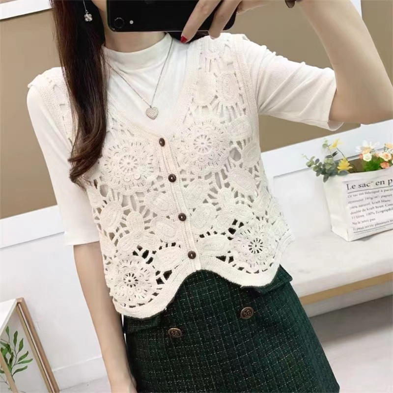 Áo Khoác Dệt Kim Không Tay Dáng Rộng Cài Nút Họa Tiết Hoa Thời Trang Mùa Thu Cho Nữ Thẻ