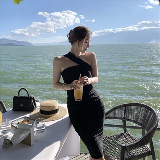Đầm lụa ôm body lệch vai chất thun lụa- Ringu shop