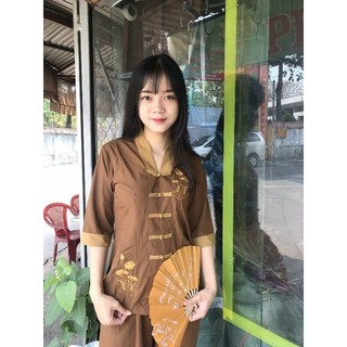 Bộ lam đi chùa. la Hán phối nữ đồ đi chùa  nữ thêu sen tay lỡ vải mát