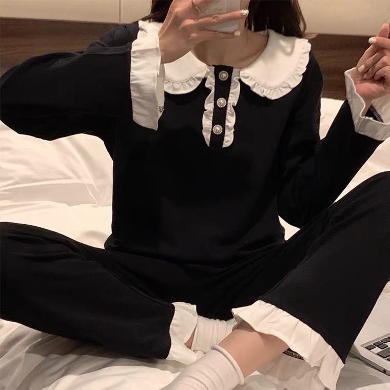 Bộ Đồ Ngủ Tay Dài Phối Ren Hoa Sen Màu Xám Dễ Thương Thời Trang Xuân Thu Phong Cách Hàn Quốc Cho Nữ