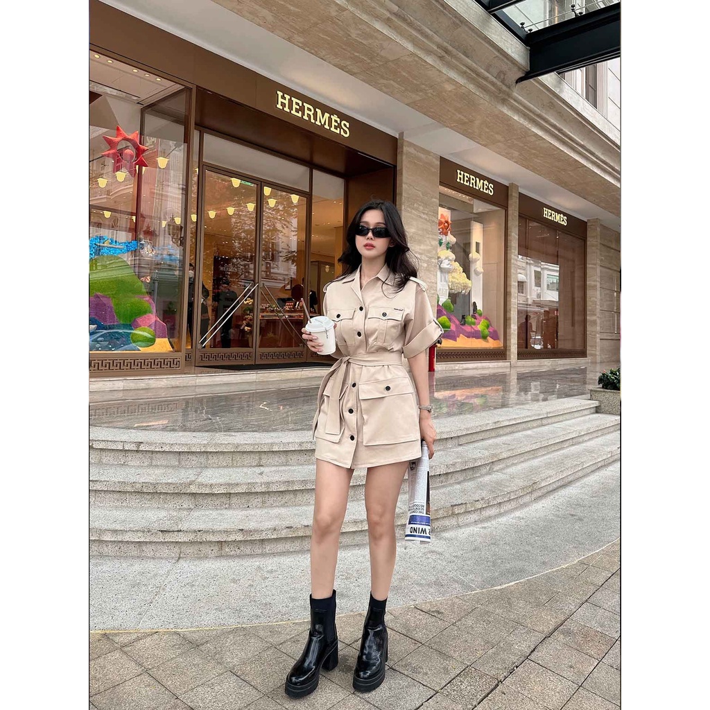 Đầm Ngắn Nữ Safari Pocket Shirt Dress, Chất Vải Kaki Thun ATC Thoải Mái, WDN000, SOMEHOW