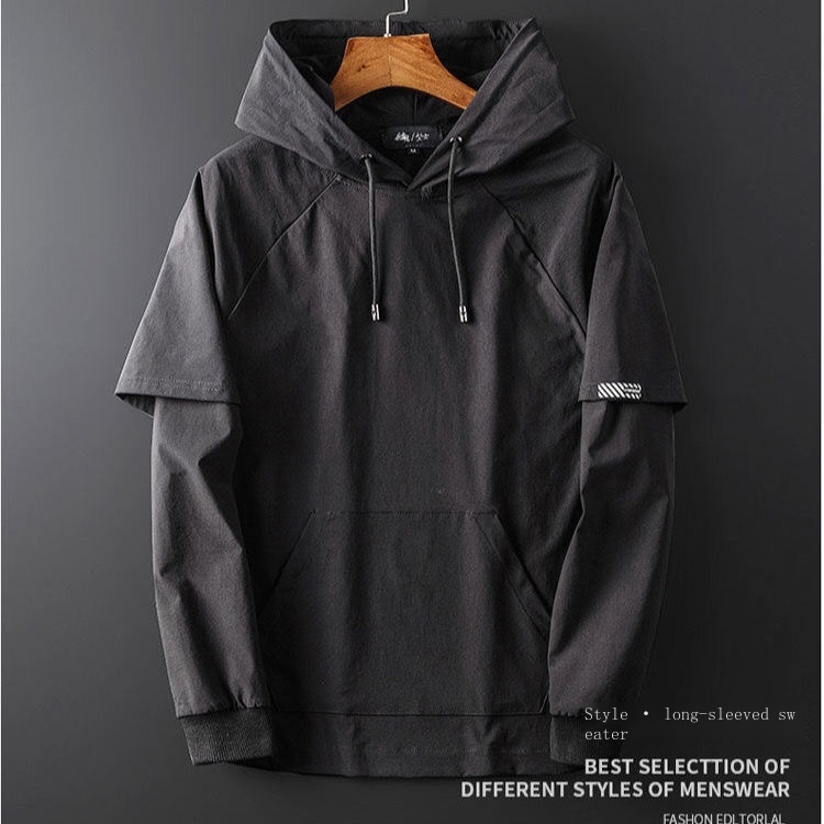 Áo Hoodie Giả Hai Lớp Tay Dài Dáng Rộng Màu Đen Phong Cách Hàn Quốc Thời Trang Mùa Thu Cho Nam Sinh