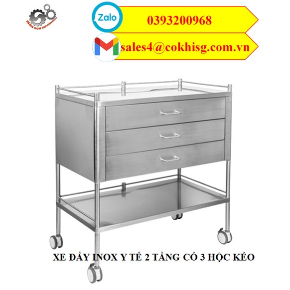Xe đẩy y tế inox 2 tầng 3 hộc kéo