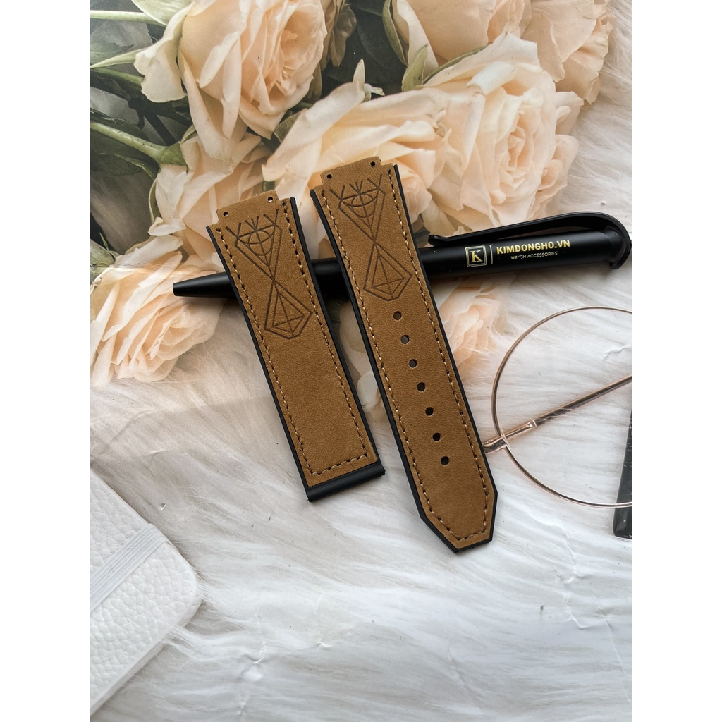 Giá Cực Rẻ Dây Đồng Hồ HUBLOT nam lót da lộn nâu vàng kim cương Size A = 17, B = 25, C = 22