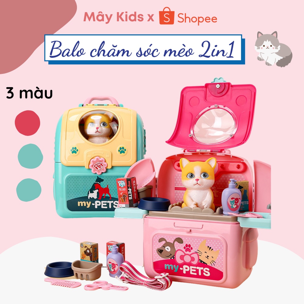 Bộ đồ chơi bác sĩ thú ý, balo chăm sóc mèo mô phỏng động vật mèo con cho bé màu hồng - Mây Kids