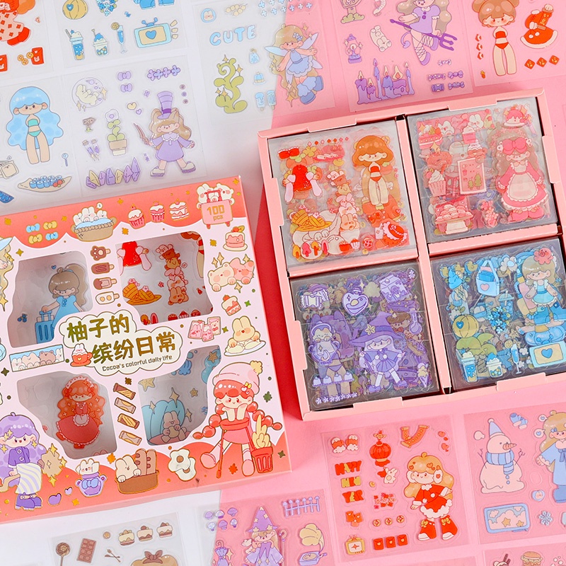 Set 100 Miếng Dán PET Chống Nước Họa Tiết Hoạt Hình Dễ Thương Trang Trí Học Sinh DIY