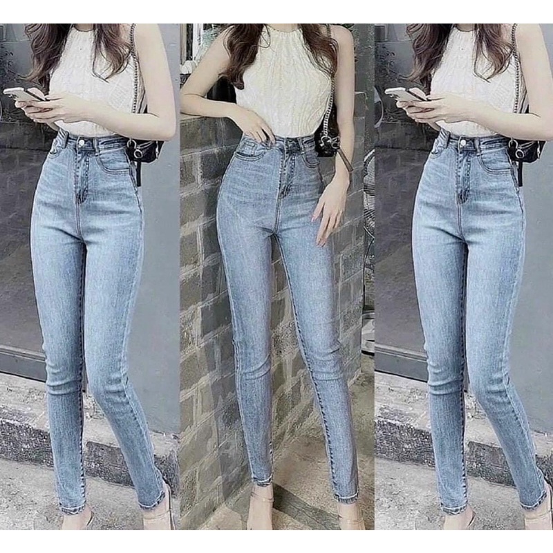 Quần Jean Skinny Xanh Nhạt Sáng Râu Mèo Tua Lai Co Giãn Mạnh, Cạp Cao Trên Rốn Siêu Tôn Dáng