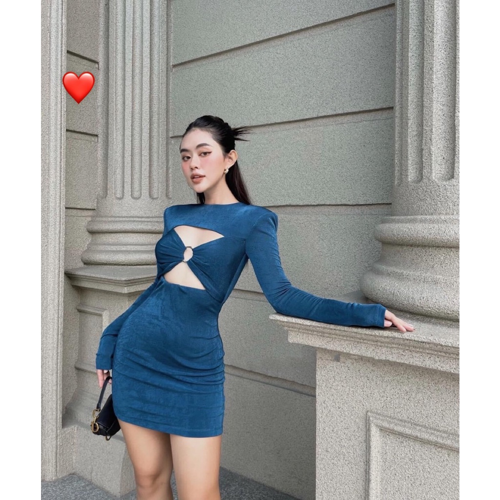 Đầm tay dài cổ tròn khoen ngực khoét trên dưới dáng ngắn sexy , chất thun gân mềm mịn