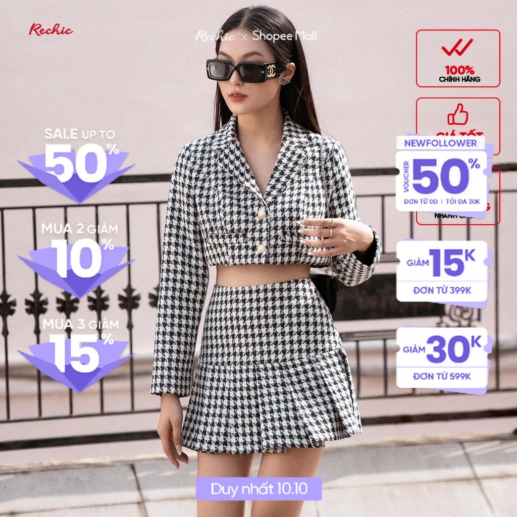 RECHIC Set Tweed Alana Áo croptop cổ vest tay dài kết hợp chân váy kiểu xếp li caro đỏ và đen thời thượng sang trọng