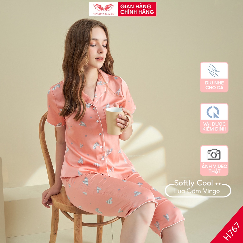 Đồ bộ nữ Pijama mặc nhà Lụa cao cấp mùa hè VINGO tay ngắn quần lửng tim kẻ sọc dễ thương H767 VNGO