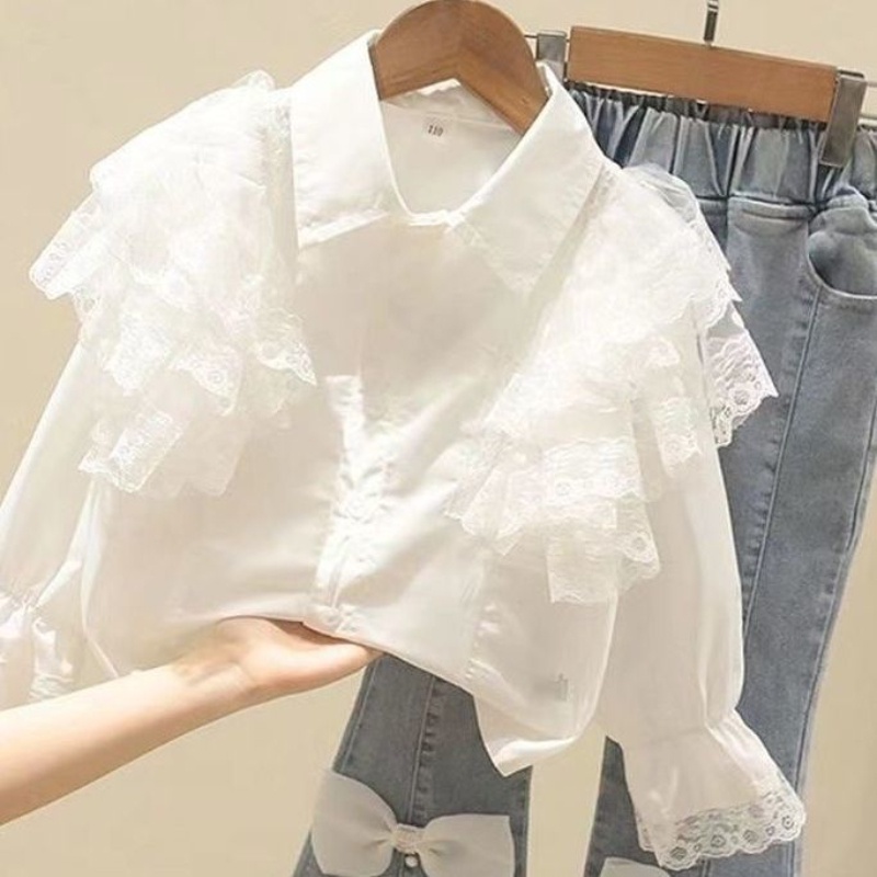 Bộ Áo Ren + Quần Jean Thời Trang Mùa Thu 2022 Mới Mẻ Cho Bé Gái