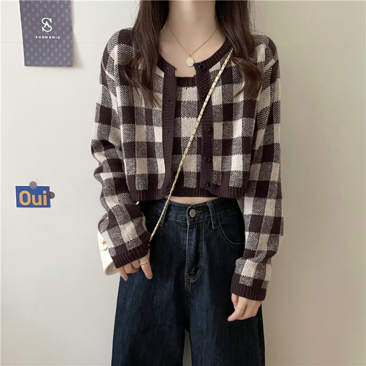 Set Áo Len Tay Dài Sọc Caro + Áo Khoác Ghi Lê Thời Trang Nữ