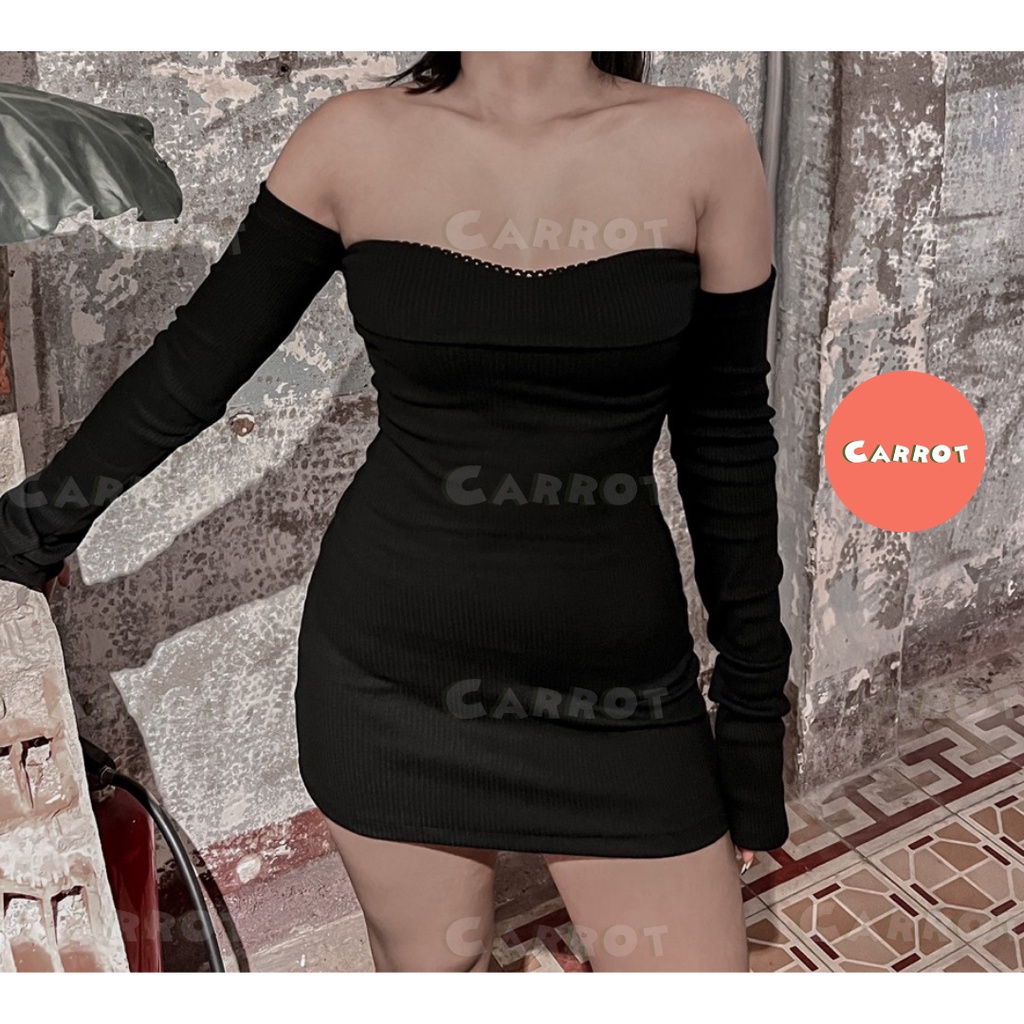 Đầm body nữ ngắn hở vai sexy ôm dáng tay dài cúp ngực màu đen thiết kế ôm eo dự tiệc sang trọng chất thun Carrot-89
