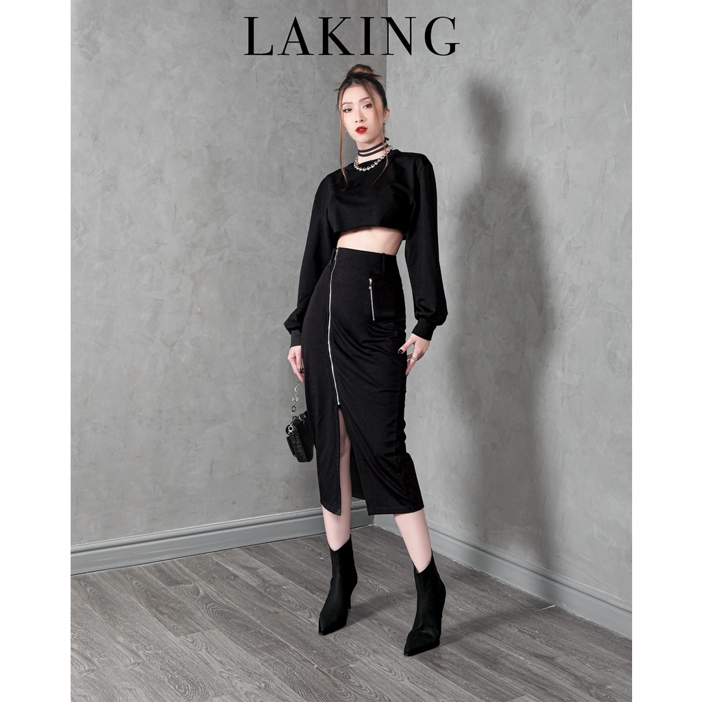 Set thun đen áo croptop phối váy bút chì khóa kéo trước Laking House