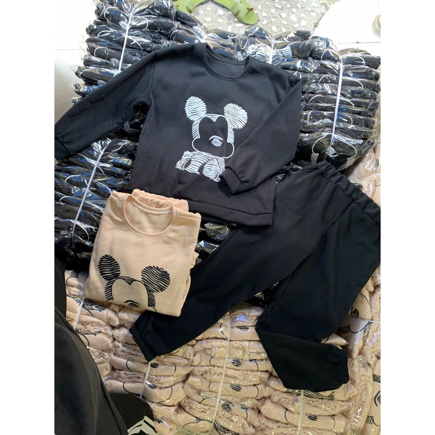 [11.11 Sale Freeship] Set áo hoodie in hình chuột mickey,bộ nỉ tay dài cổ tròn phối quần dài ống túm có túi năng động