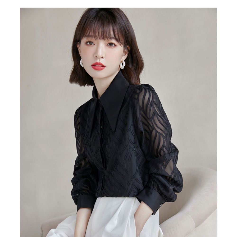 Áo Sơ Mi Chiffon Tay Dài Màu Đen Thời Trang Mùa Thu Phong Cách Hàn Quốc Cho Nữ
