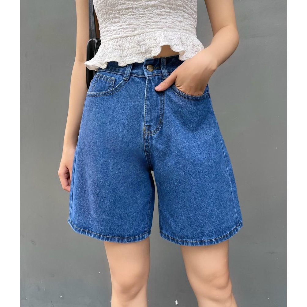 Quần short ngố jean nữ ống rộng lưng thun mẫu trơn