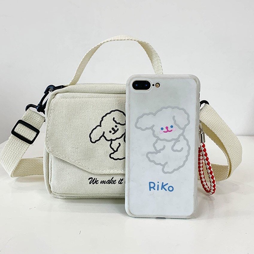 Túi đeo chéo vải canvas mini thêu cún đáng yêu đựng đồ đa năng đi học đi chơi giá rẻ ( không kèm móc khóa bông)
