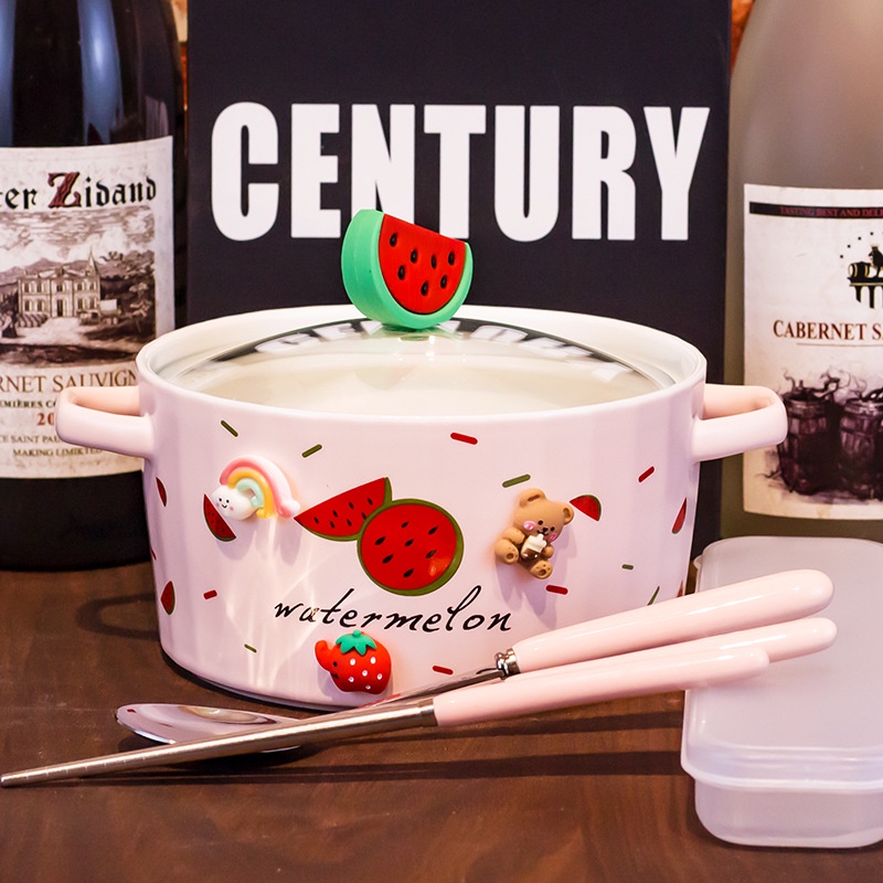 Bát Gốm Ăn Mì Trái Cây Tức Thì Với Nắp Đậy Tai Đôi Dễ Vệ Sinh Nhiệt Độ Cao Có Thể Dùng Trong Lò Vi Sóng