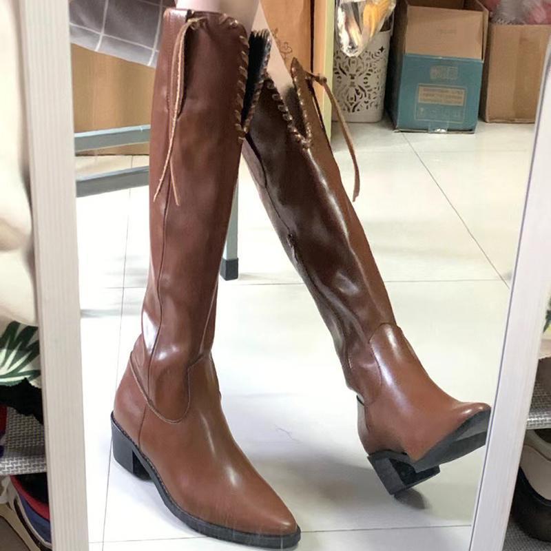 Giày Bốt Cao Bồi Mũi Nhọn Gót Dày Mẫu Mới 2022 Phong Cách Retro Phương Tây Cho Nữ