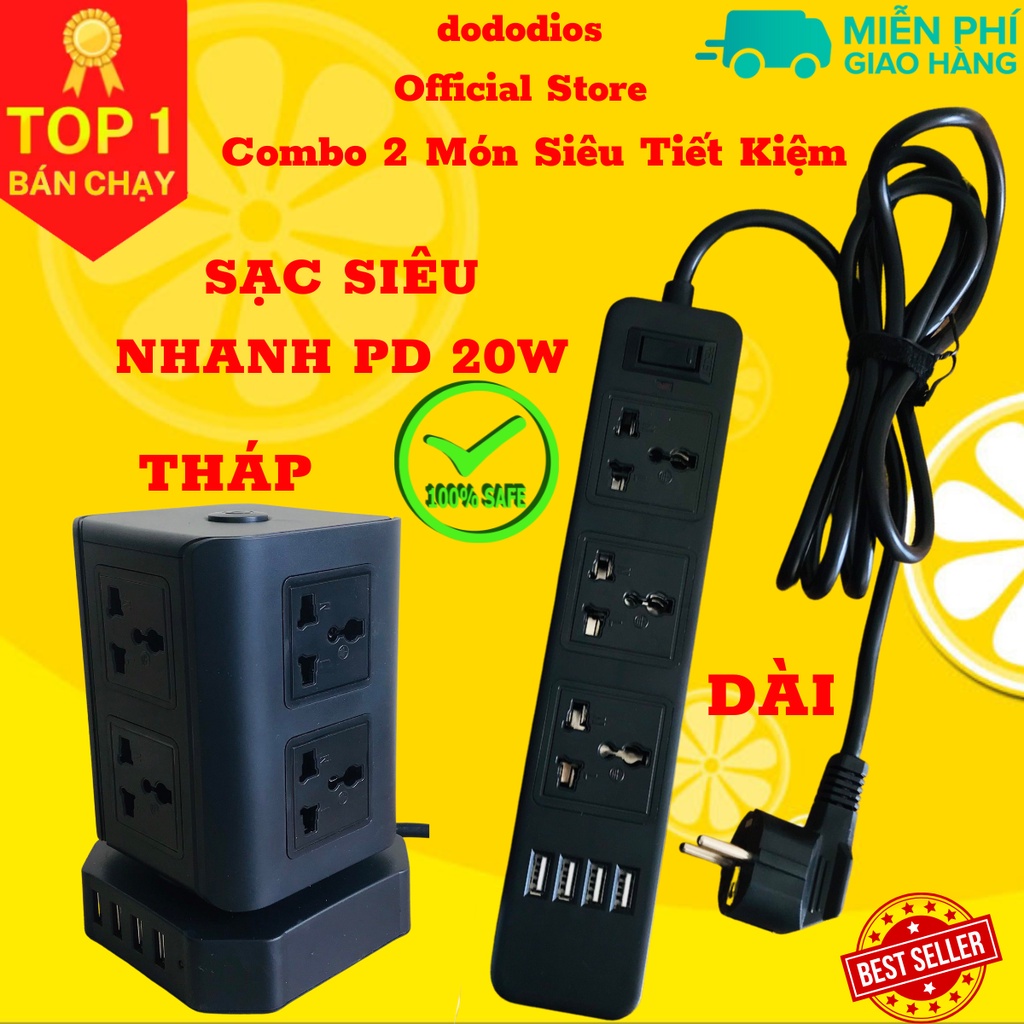 combo 2 Ổ cắm điện đa năng có sạc nhanh PD 20W cổng USB + typeC, 4-6 lỗ cắm tải 2500W an toàn chống giật, chịu nhiệt