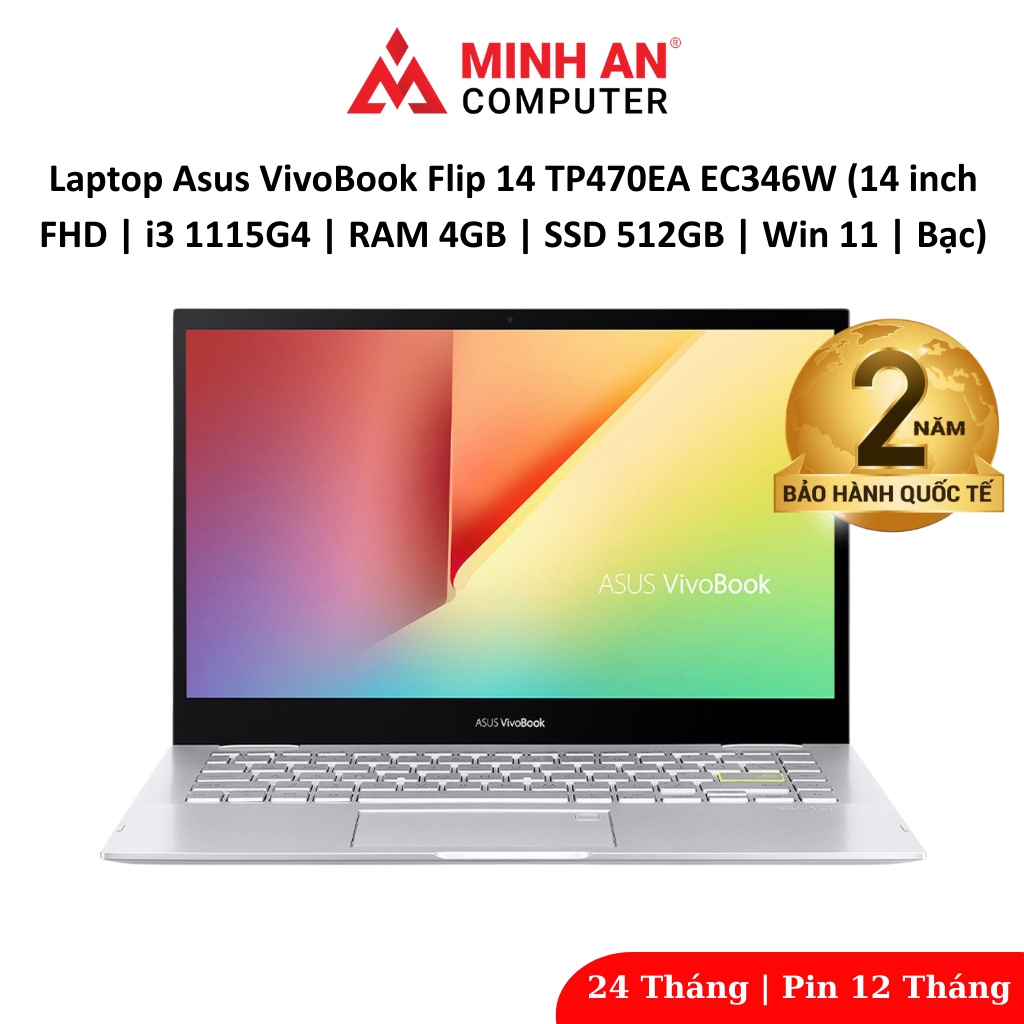 Laptop Asus VivoBook Flip 14 TP470EA EC346W (14 inch FHD | i3 1115G4 | RAM 4GB | SSD 512GB | Win 11 | Bạc)