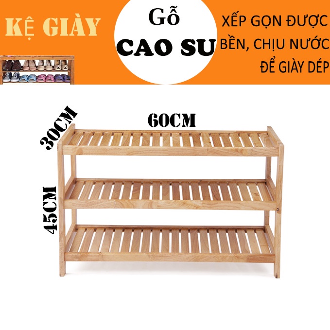 Kệ giày, kệ dép 3 tầng rộng 60cm, sâu 30cm, cao 45cm bằng gỗ cao su bền đẹp, lắp ráp dễ dàng tiện dụng (Màu gỗ tự nhiên)