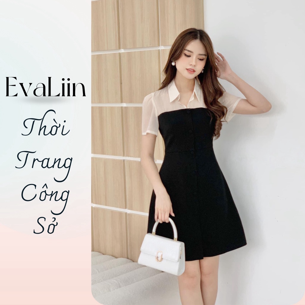 Đầm dáng A cổ sơ mi công sở dáng dài trên gối tay ngắn phối cổ sơ mi voan đính cúc bọc chiết eo lưng kéo khóa Eva Liin